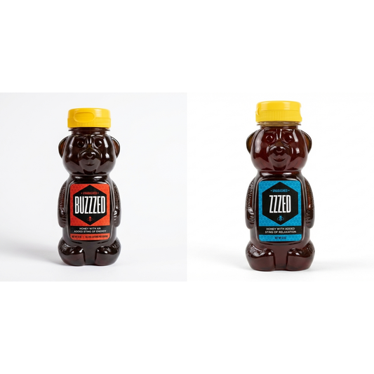 Wake & Wind Down 2-Pack -- BUZZZED energy bear and ZZZED sleep bear, 12oz functional honey duo on white