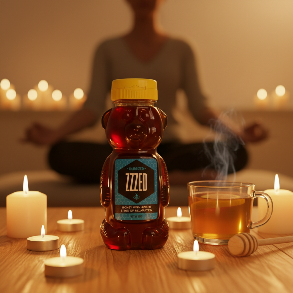 ZZZED honey bear beside a teacup with candles, peaceful evening ritual