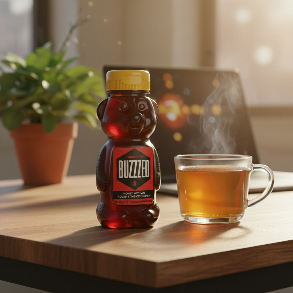 BUZZZED honey bear beside a mug at a desk, clean energy for your workday