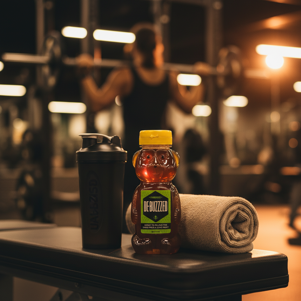 DE BUZZZED honey bear beside a gym shaker bottle, post-workout recovery