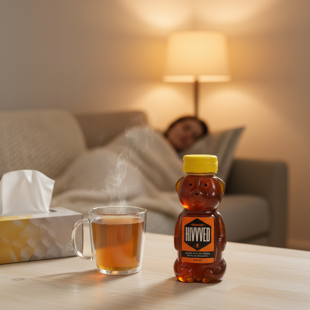 HIVVVED honey bear beside a golden turmeric tea mug, comfort and immunity